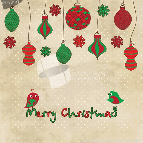 Image of Vector card with Christmas balls and toys on vintage background
