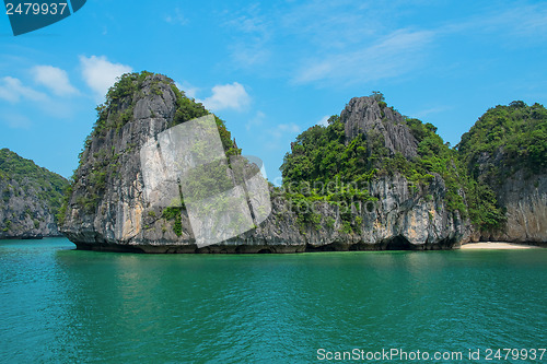 Image of Mountain island and lonely beach in Halong Bay