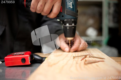 Image of Man with screwdriver. Focused on screw in front