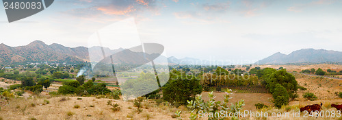 Image of Indian nature. Panorama with mountains and goats