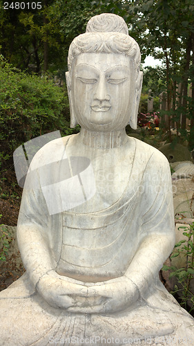 Image of Ancient Buddha statue against green woods 
