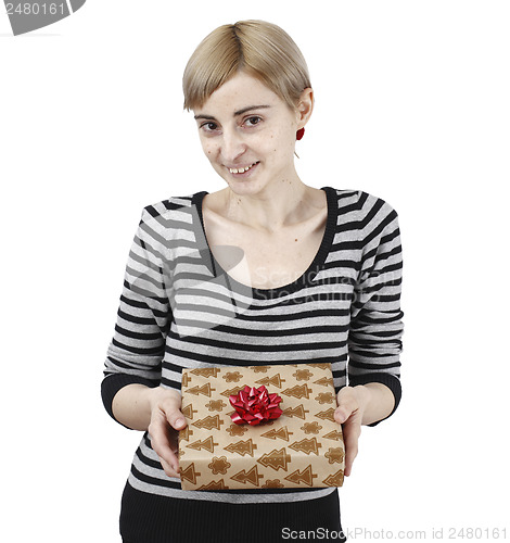 Image of Young woman holding a present