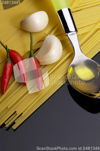 Image of pasta garlic extra virgin olive oil and red chili pepper