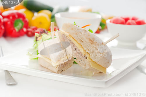 Image of tuna and cheese sandwich with salad