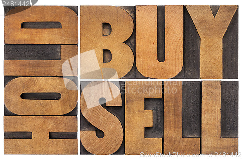 Image of buy, hold, sell in wood type