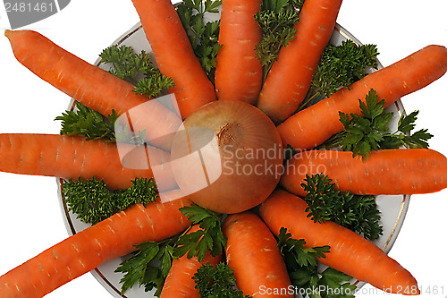 Image of Carrot, onion and parsley on the plate on a white background.