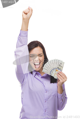 Image of Mixed Race Woman Holding the New One Hundred Dollar Bills