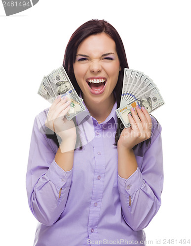 Image of Mixed Race Woman Holding the New One Hundred Dollar Bills