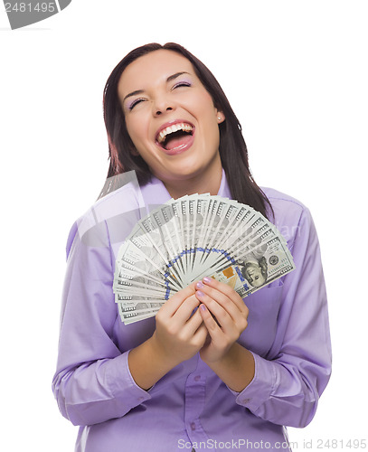 Image of Mixed Race Woman Holding the New One Hundred Dollar Bills