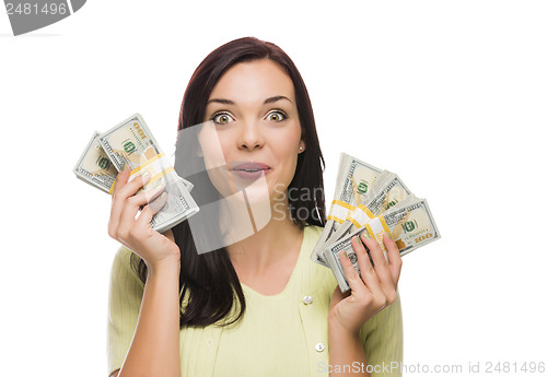 Image of Mixed Race Woman Holding the New One Hundred Dollar Bills