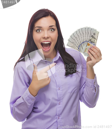 Image of Mixed Race Woman Holding the New One Hundred Dollar Bills