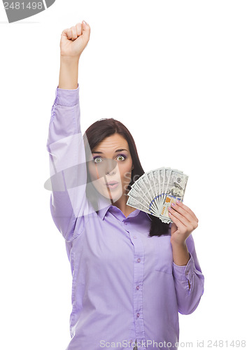 Image of Mixed Race Woman Holding the New One Hundred Dollar Bills