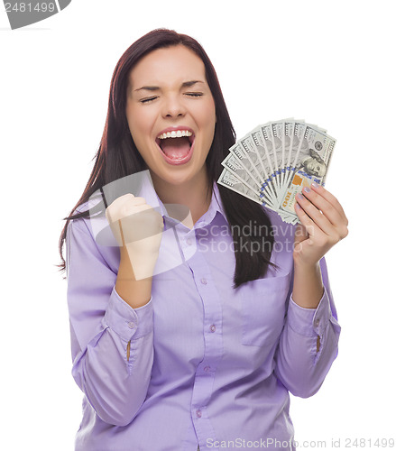 Image of Mixed Race Woman Holding the New One Hundred Dollar Bills