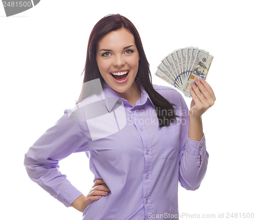 Image of Mixed Race Woman Holding the New One Hundred Dollar Bills