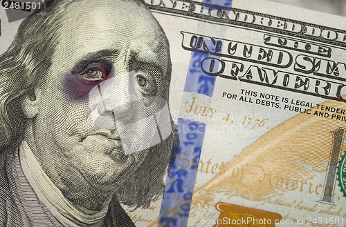 Image of Black Eyed Ben Franklin on New One Hundred Dollar Bill