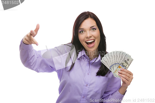 Image of Mixed Race Woman Holding the New One Hundred Dollar Bills