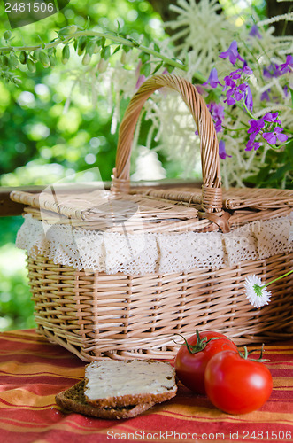 Image of Summer   still life with flowers and food