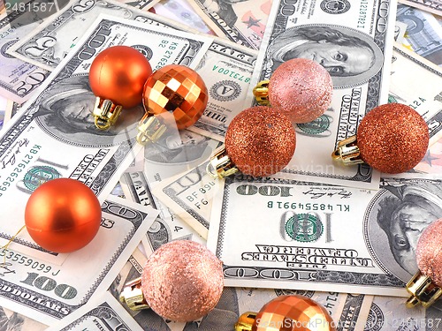 Image of Dollars notes on christmas balls on it