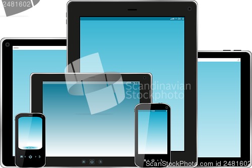 Image of Set of mobile electronic technics. smart phone and tablet pc with blue screen