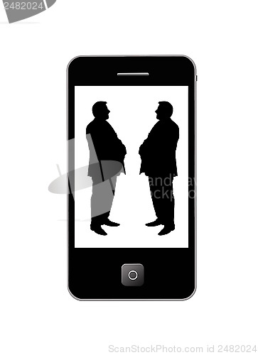 Image of Modern mobile phone with two silhouettes of men