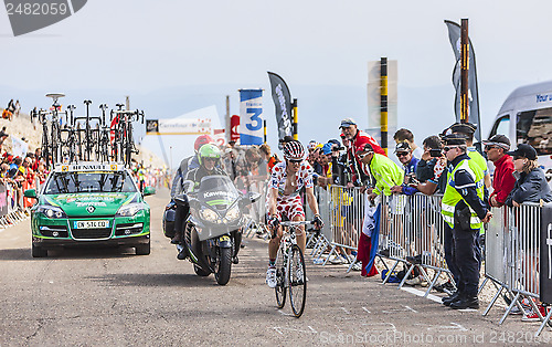 Image of The Cyclist Pierre Rolland Wearing Polka Dot Jersey on Mont Vent