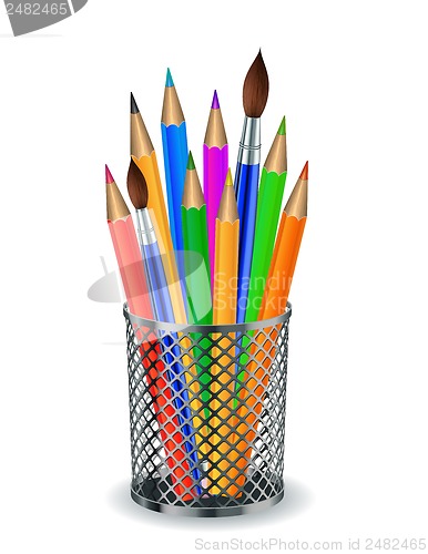 Image of Colorful pencils and Brushes in the holder.