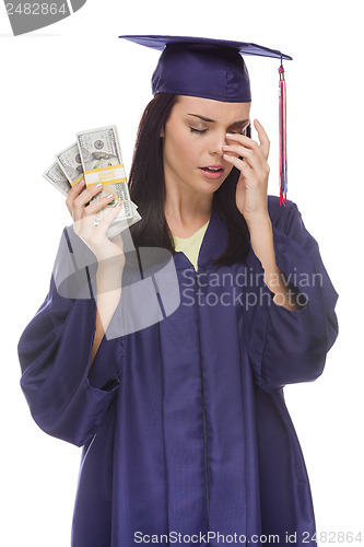 Image of Stressed Female Graduate Holding Stacks of Hundred Dollar Bills