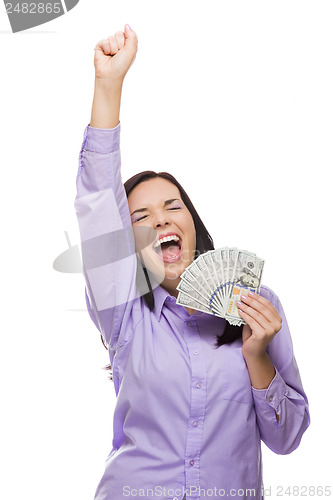 Image of Mixed Race Woman Holding the New One Hundred Dollar Bills