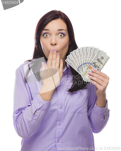 Image of Mixed Race Woman Holding the New One Hundred Dollar Bills