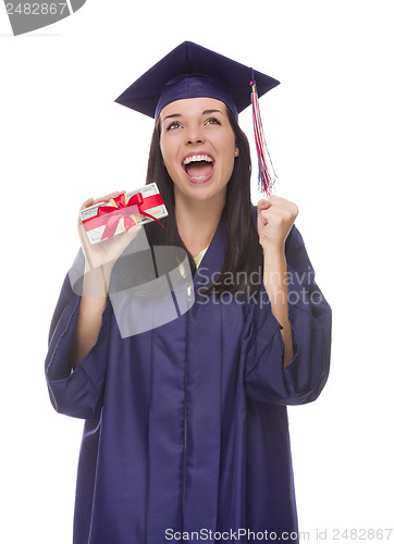 Image of Female Graduate Holding Stack of Gift Wrapped Hundred Dollar Bil