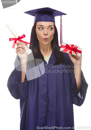 Image of Female Graduate with Diploma and Stack of Gift Wrapped Hundreds