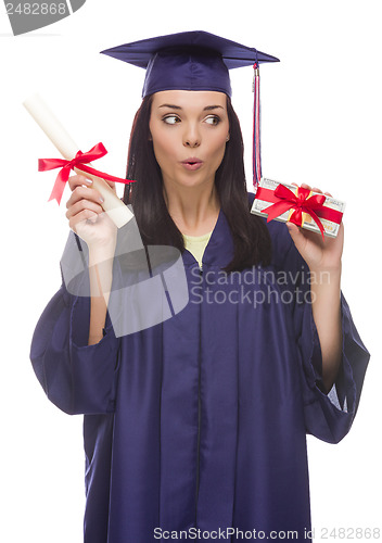 Image of Female Graduate with Diploma and Stack of Gift Wrapped Hundreds