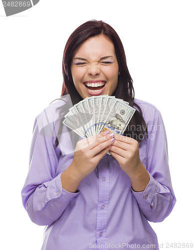 Image of Mixed Race Woman Holding the New One Hundred Dollar Bills