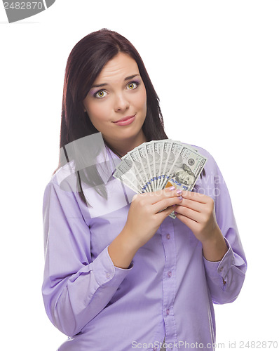 Image of Mixed Race Woman Holding the New One Hundred Dollar Bills