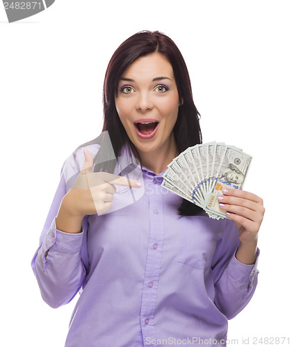 Image of Mixed Race Woman Holding the New One Hundred Dollar Bills