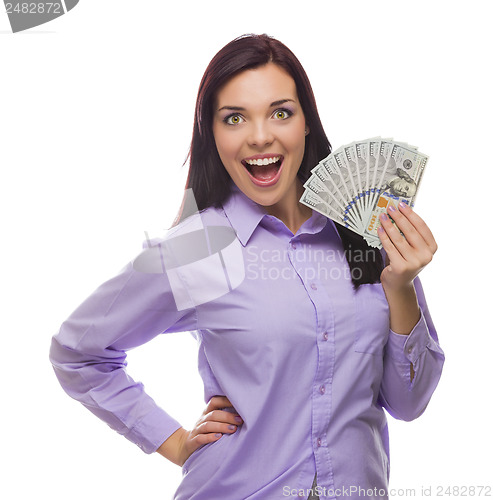 Image of Mixed Race Woman Holding the New One Hundred Dollar Bills