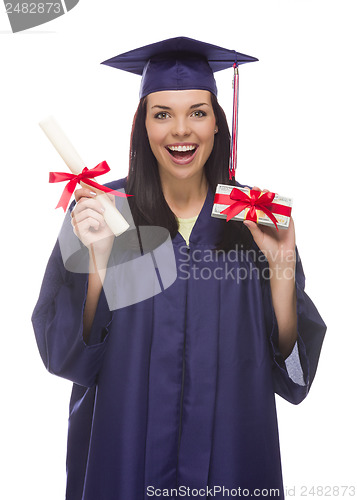 Image of Female Graduate with Diploma and Stack of Gift Wrapped Hundreds