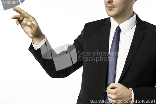 Image of Closeup businessman holding his right hand up