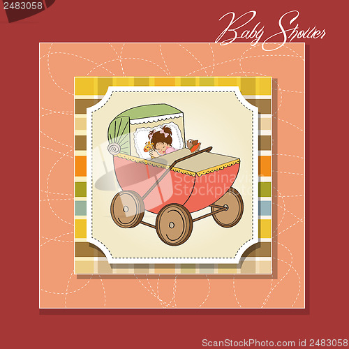 Image of baby girl shower card with retro strolller
