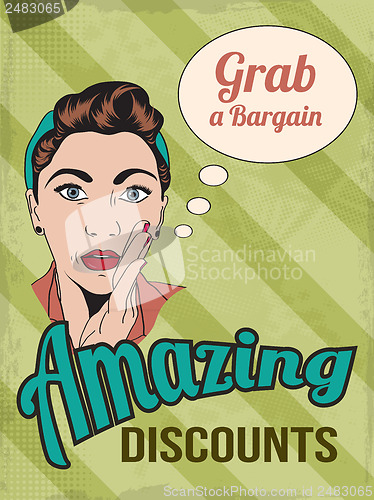 Image of retro illustration of a beautiful woman and amazing discounts me