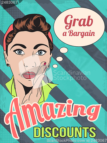 Image of retro illustration of a beautiful woman and amazing discounts me