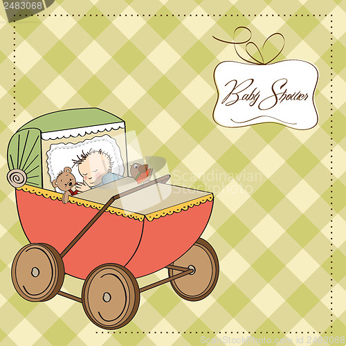 Image of baby boy shower card with retro strolller