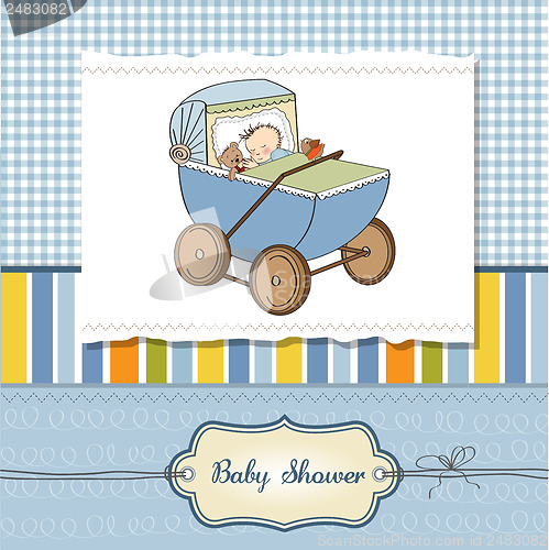 Image of baby boy shower card with retro strolller