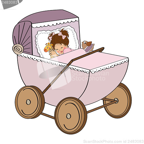 Image of baby girl in retro stroller isolated on white background