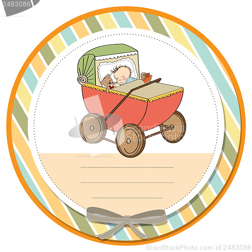 Image of baby boy shower card with retro strolller