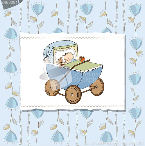 Image of baby boy shower card with retro strolller