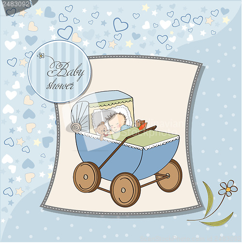 Image of baby boy shower card with retro strolller