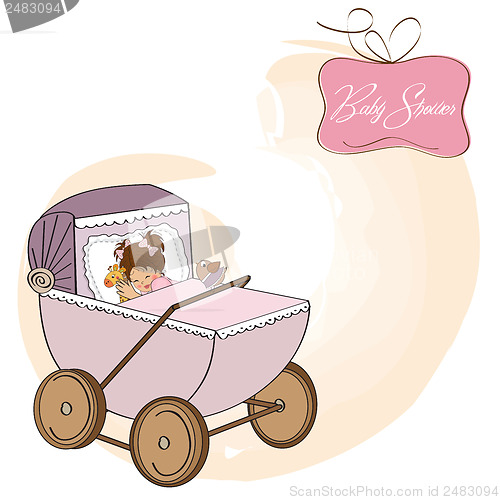 Image of baby girl shower card with retro strolller