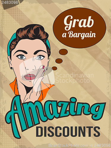 Image of retro illustration of a beautiful woman and amazing discounts me