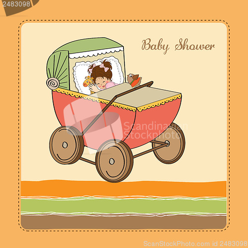 Image of baby girl shower card with retro strolller